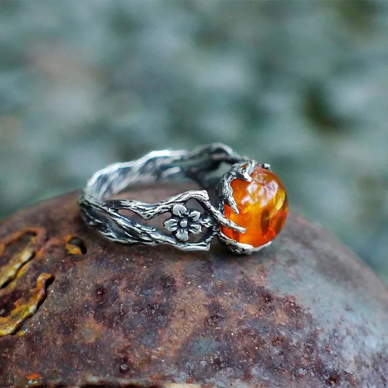 Radiant Amber Floral Silver Ring