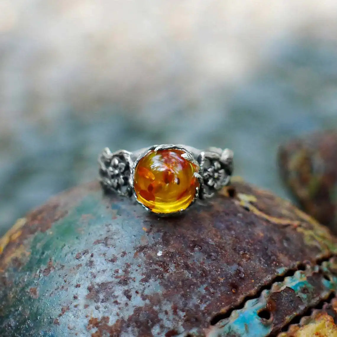 Radiant Amber Floral Silver Ring