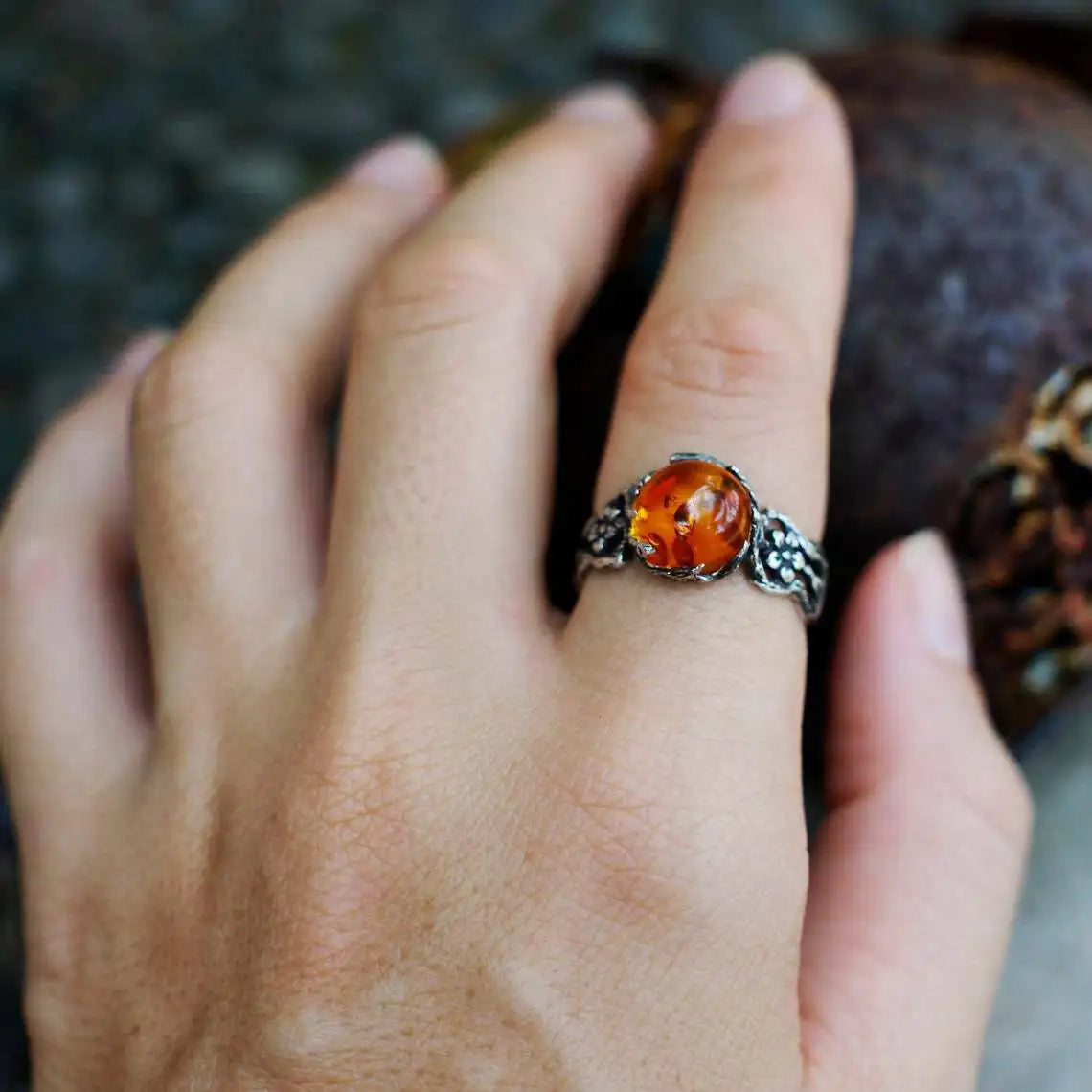 Radiant Amber Floral Silver Ring
