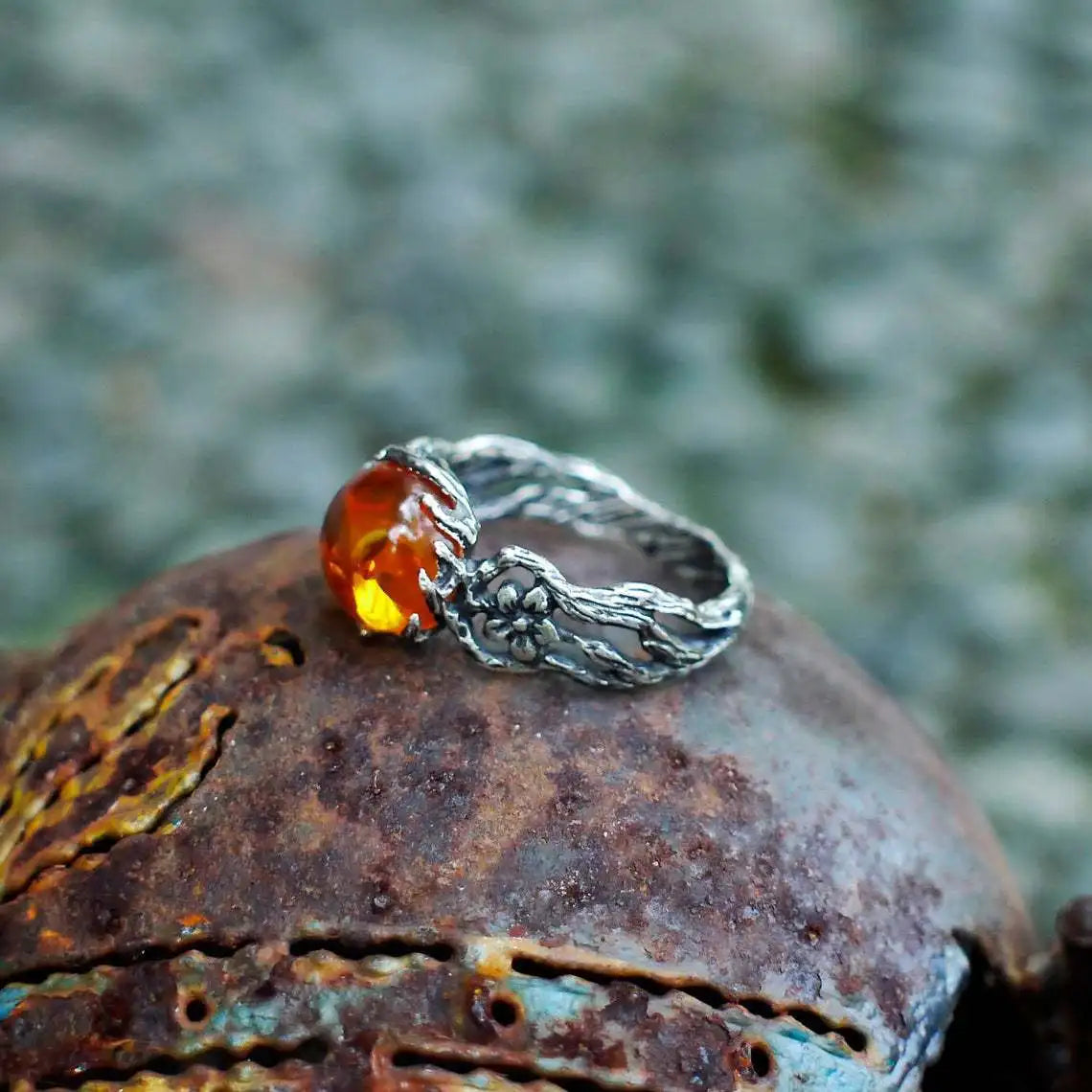 Radiant Amber Floral Silver Ring