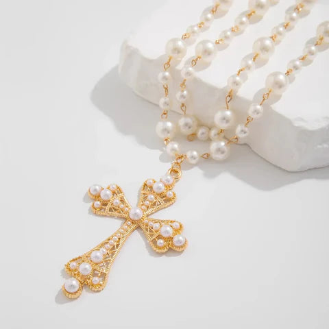 Empowerment Pearl & Gold Cross Necklace