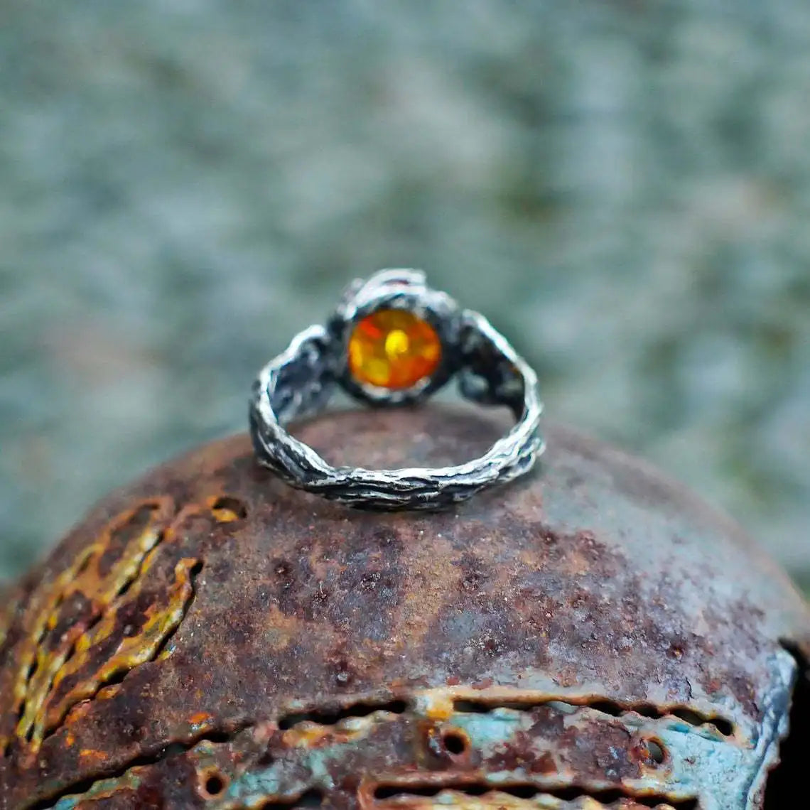 Radiant Amber Floral Silver Ring