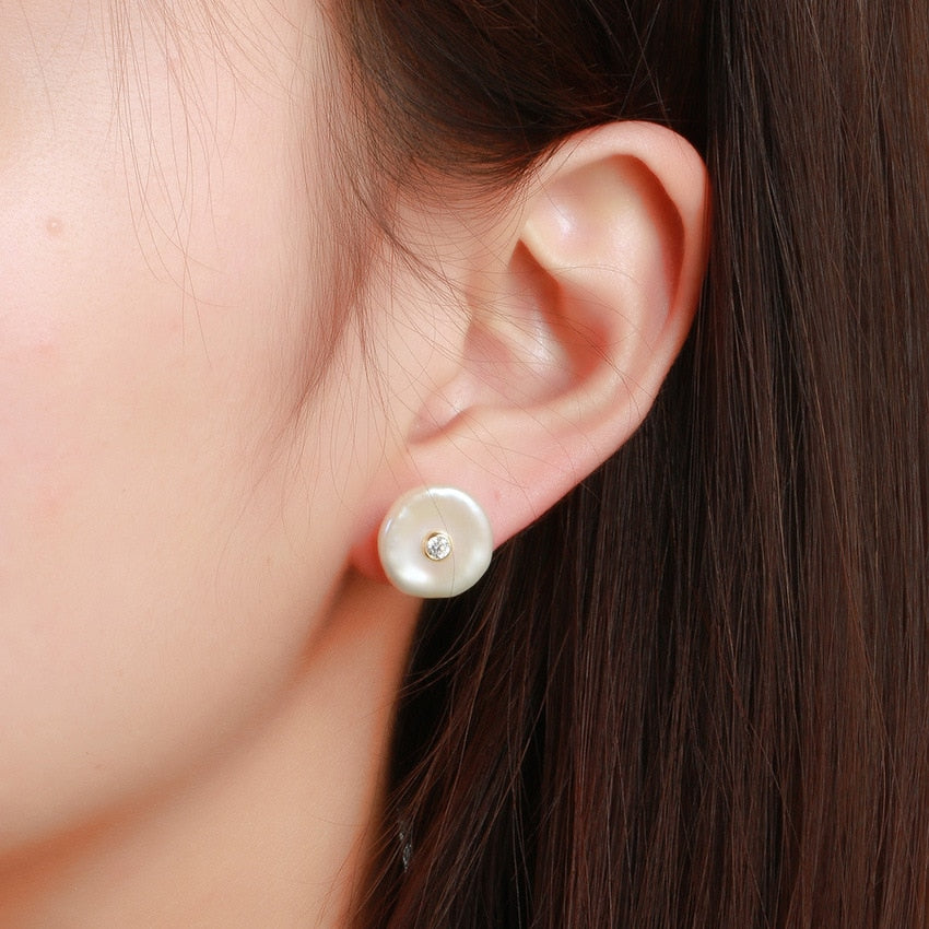 Flattened Pearl Stud Earrings