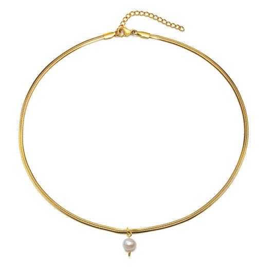 Thin Flat Snake Chain Pearl Necklace