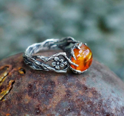 Radiant Amber Floral Silver Ring