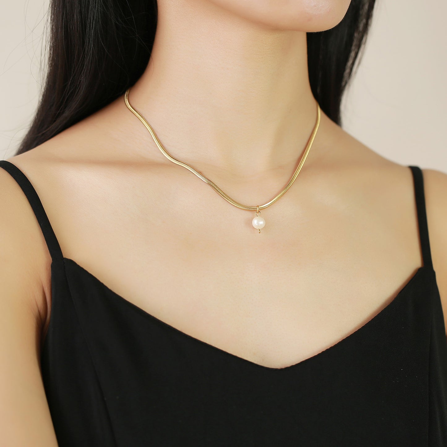 Thin Flat Snake Chain Pearl Necklace