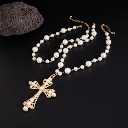 Elegant Baroque Pearl Cross Necklace