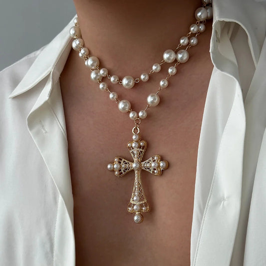 Elegant Baroque Pearl Cross Necklace