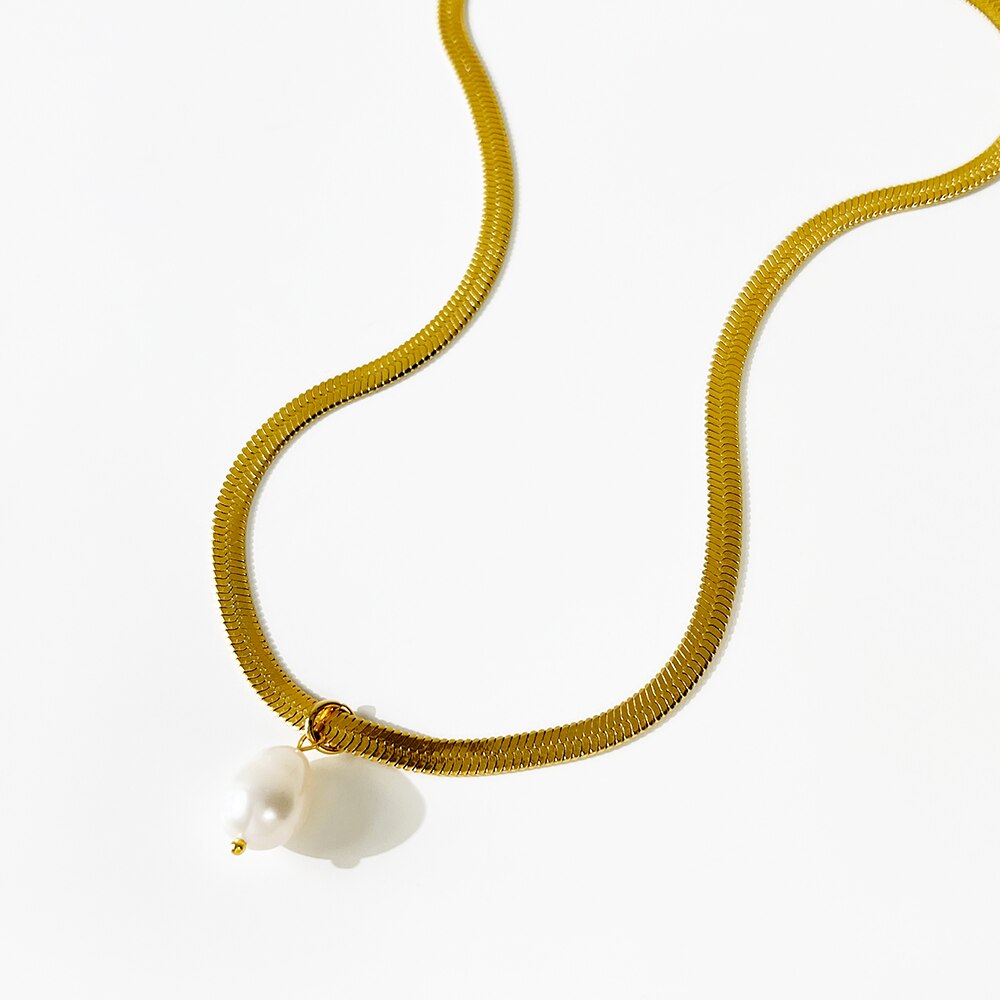 Wide Flat Snake Chain Pearl Necklace